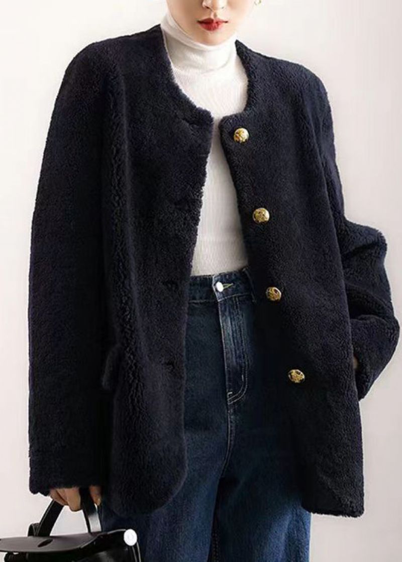 Elegante Marineblauwe O-halszakken Met Knopen En Patchwork-wollen Jas Winter