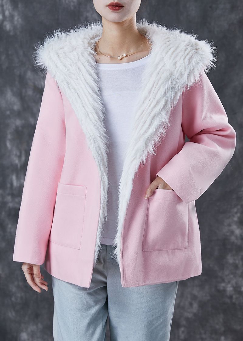 Elegante Roze Capuchonzakken Fuzzy Fox Gevoerde Wollen Jas Winter - Dames wollen jassen