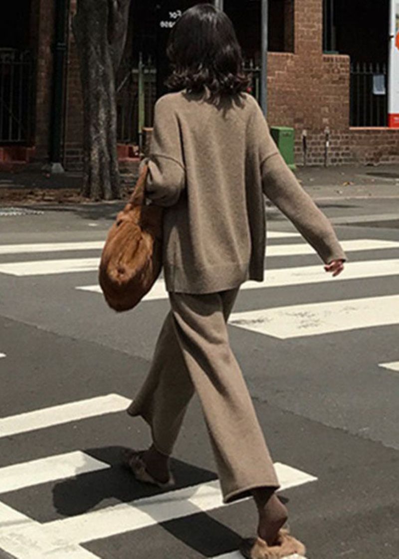 Franse Kaki Hoge Hals Oversized Wollen Gebreide Tweedelige Set Lente - Dames wollen jassen