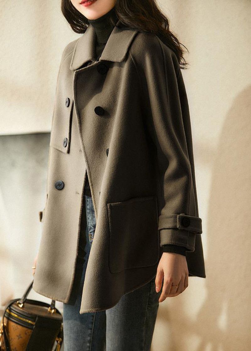 Franse Kaki Oversized Wollen Jassen Met Dubbele Rij Knopen Herfst - Dames wollen jassen