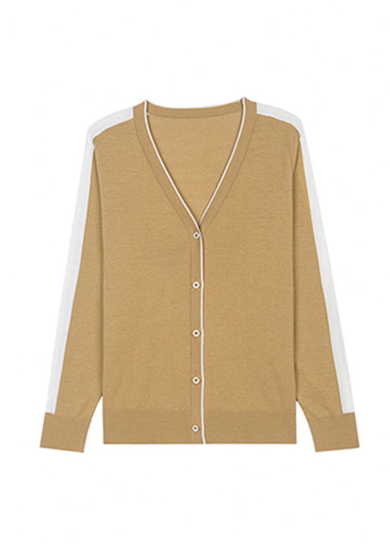 Handgemaakte Camel V-hals Colorblock Wollen Gebreide Vesten Met Lange Mouwen - Kameel