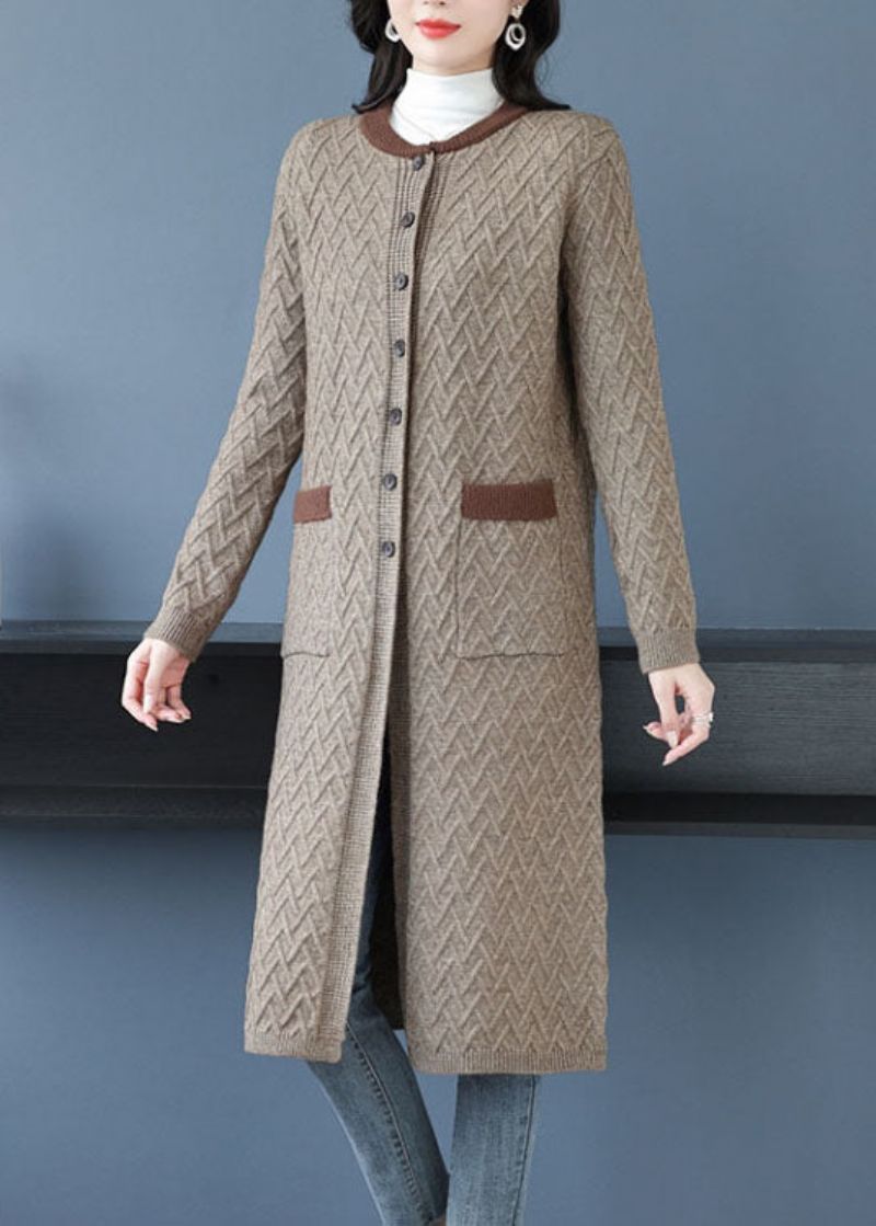 Kameelzakken Patchwork Lange Wollen Uitloper O-halsknop Herfst - Dames wollen jassen