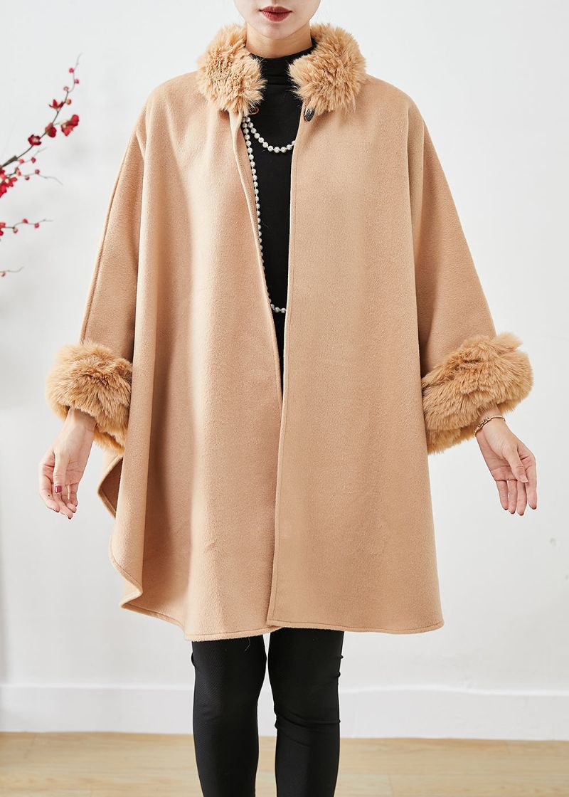 Licht Camelkleurige Wollen Trenchcoat Oversized Bontkraag Vleermuismouw - Dames wollen jassen