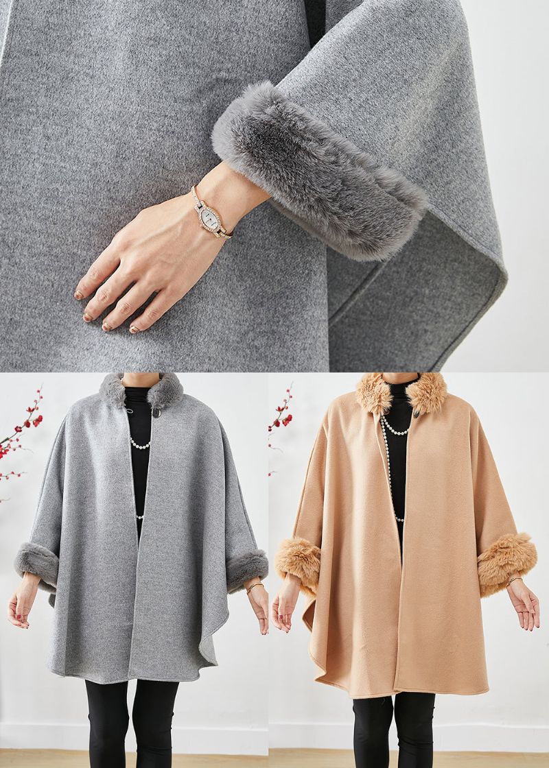 Licht Camelkleurige Wollen Trenchcoat Oversized Bontkraag Vleermuismouw - Dames wollen jassen