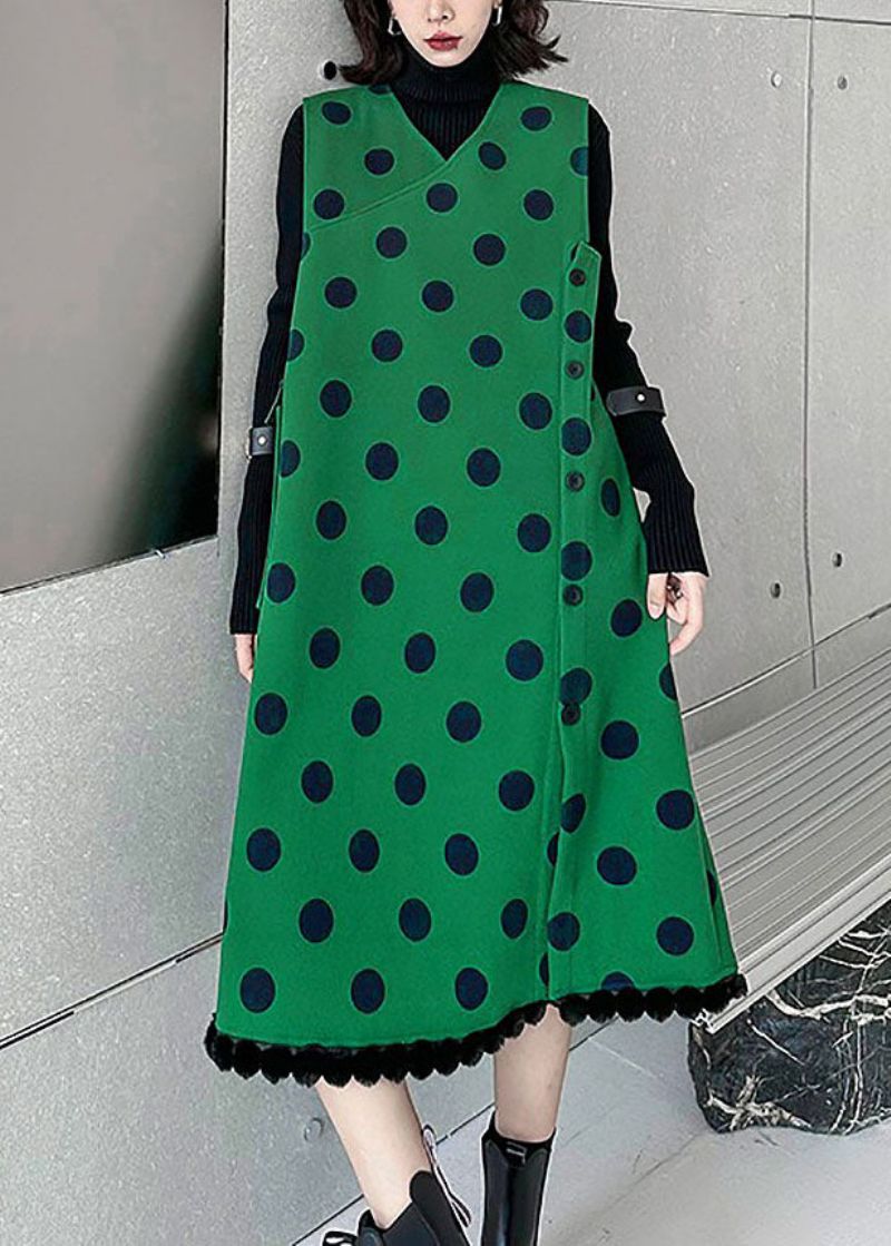 Modern Groen Wollen Lang Vest Met V-hals En Stippenprint Zonder Mouwen