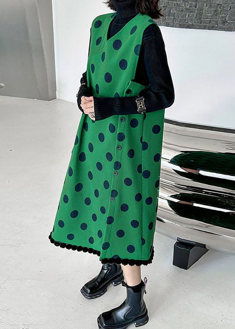 Modern Groen Wollen Lang Vest Met V-hals En Stippenprint Zonder Mouwen - Dames wollen jassen