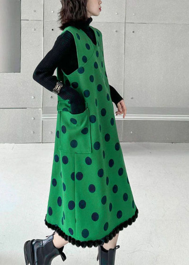 Modern Groen Wollen Lang Vest Met V-hals En Stippenprint Zonder Mouwen - Dames wollen jassen