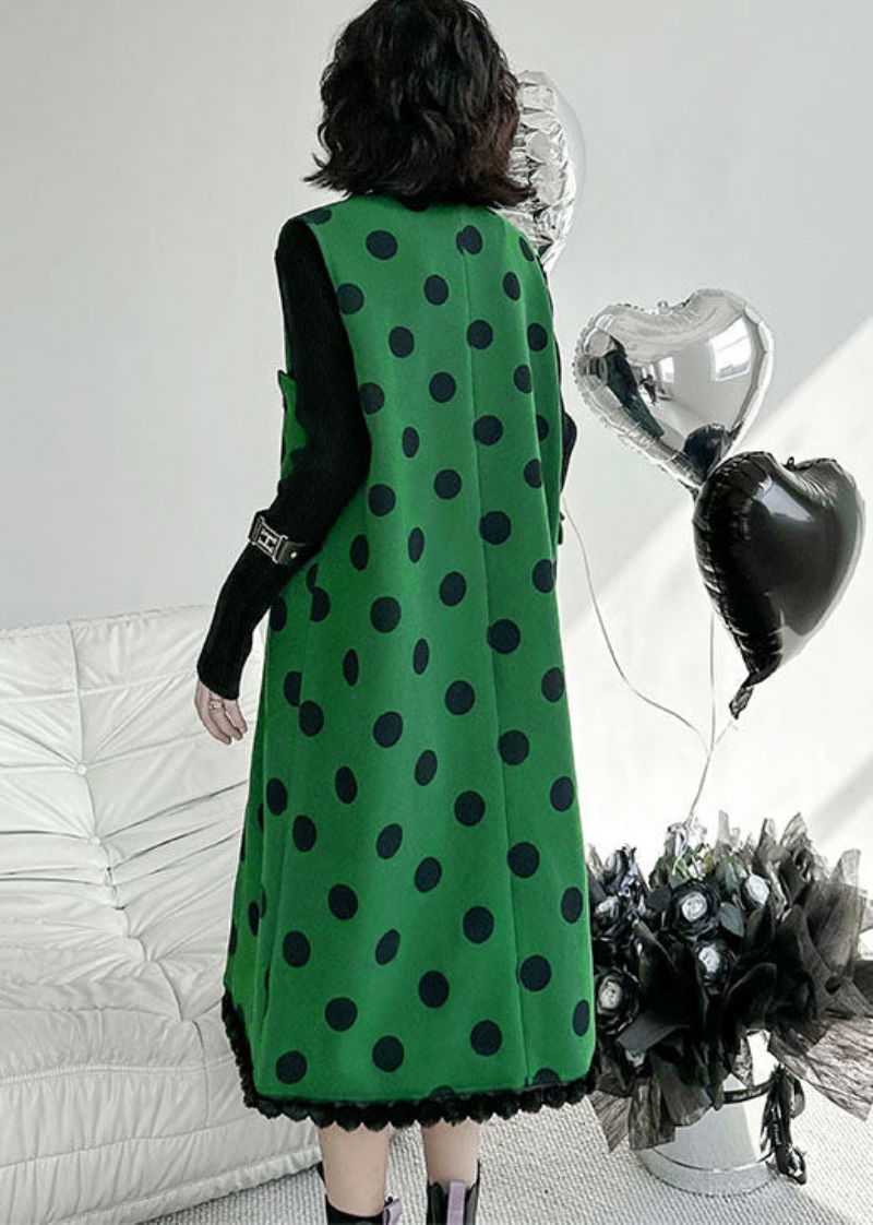 Modern Groen Wollen Lang Vest Met V-hals En Stippenprint Zonder Mouwen - Dames wollen jassen