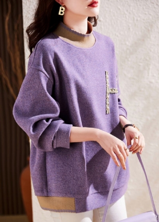 Moderne Paarse Halve Hals Met Nagelkraal En Patchwork Wollen Pullover-sweatshirt Herfst