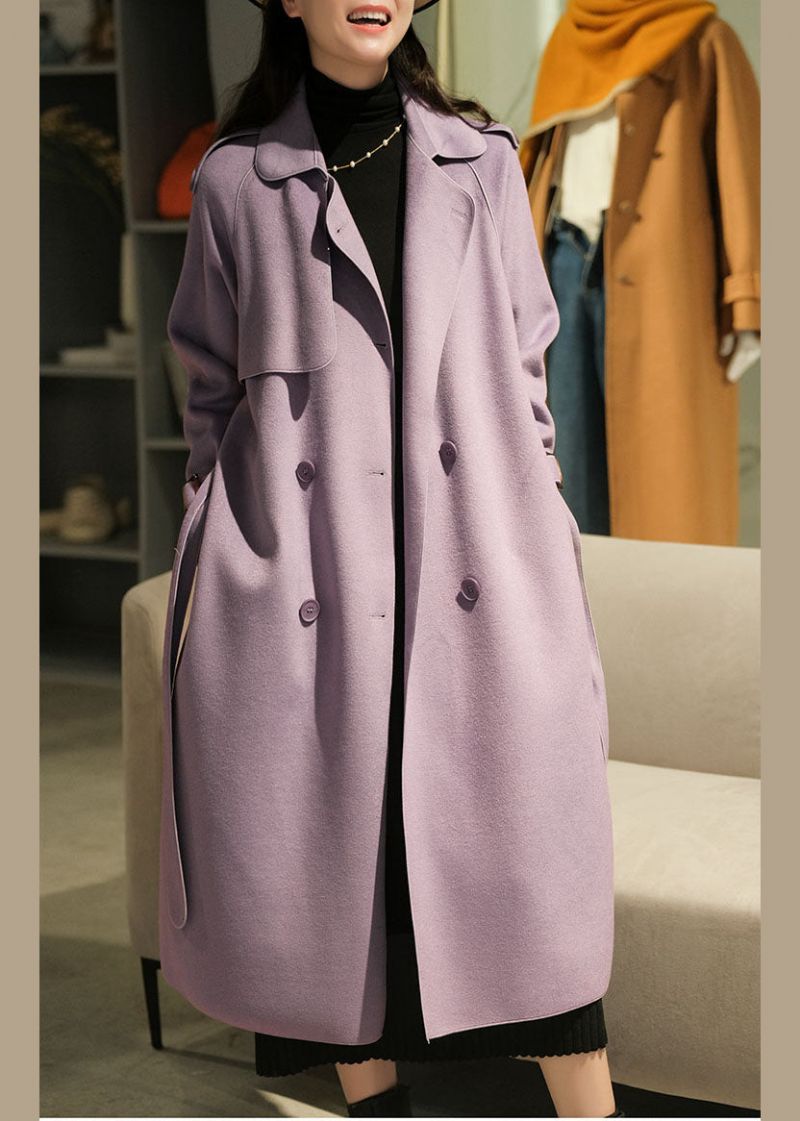 Paarse Effen Kleur Wollen Trenchcoats Peter Pan Kraag Winter - Paars