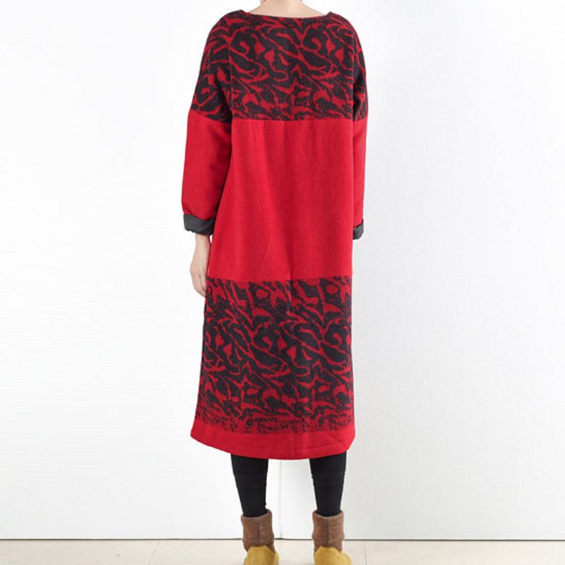 Rode Vintage Winterjurken 2024 Winterwollen Print Maxi-jurk Trui Kaftans Lange Shirts - Dames wollen jassen