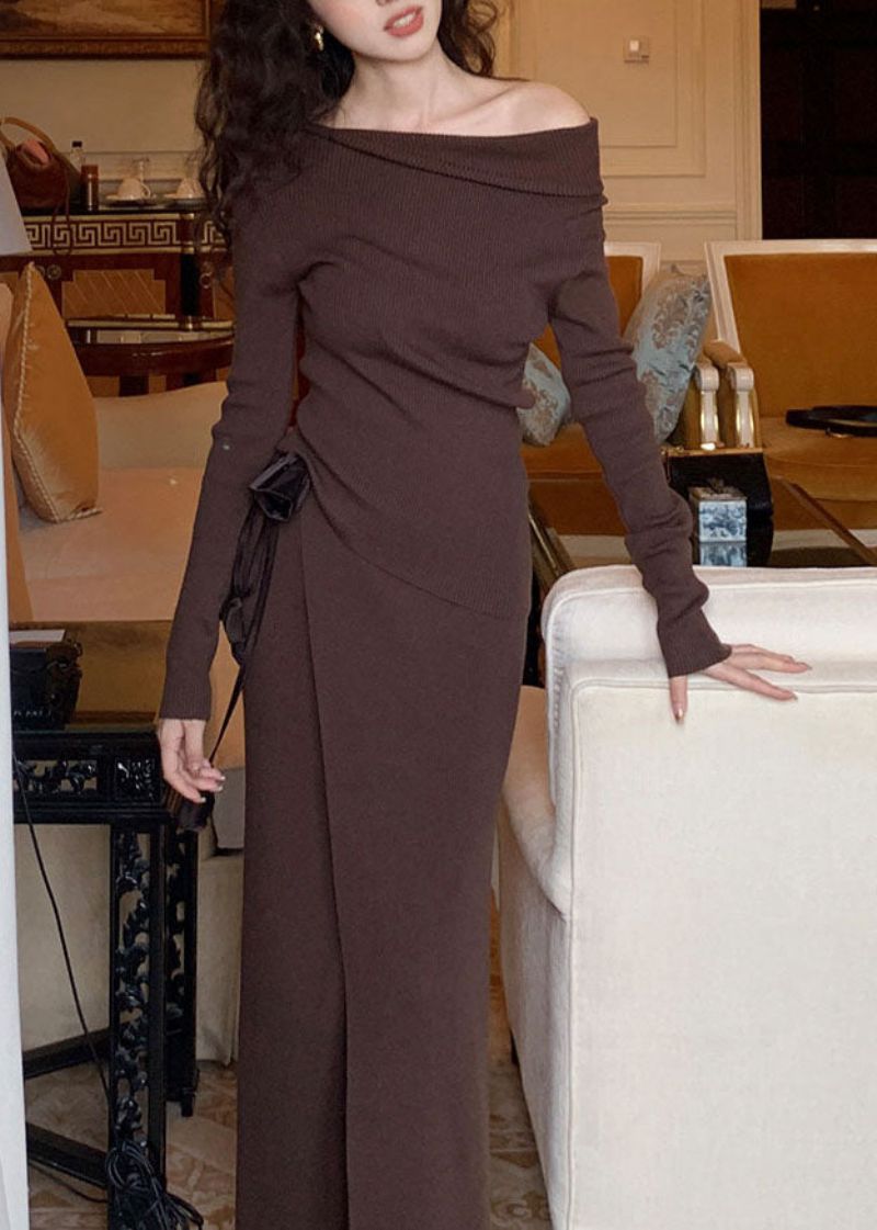 Slim-fit Camelkleurige Asymmetrische Truien Met Striktaille En Maxirokken Van Wollen Gebreide Tweedelige Set Winter - Kameel