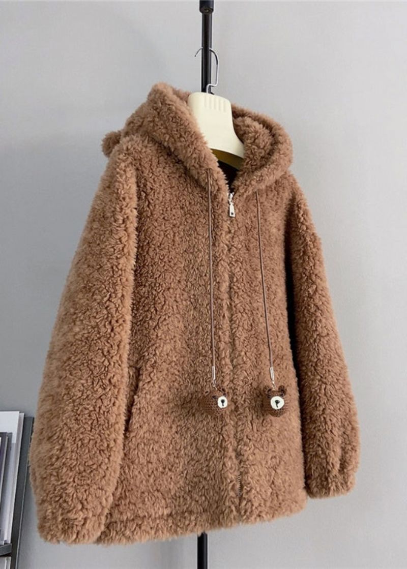 Stijl Leuke Koffie-wollen Hoodie-jas Met Ritssluiting Winter - Dames wollen jassen