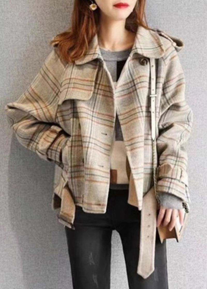 Stijlvolle Geruite Knoopzakken En Patchwork Wollen Jas Herfst - Dames wollen jassen