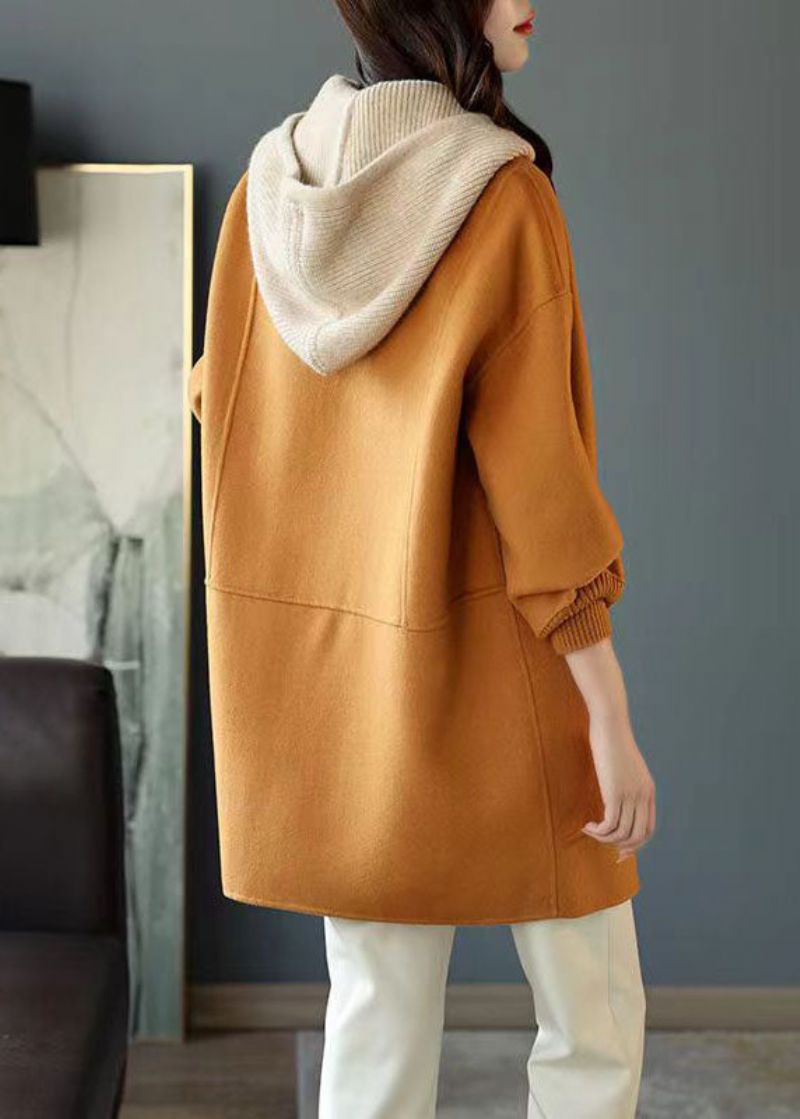 Stijlvolle Kaki Knoopzakken Patchwork Wollen Hoodies Uitloper Herfst - Dames wollen jassen