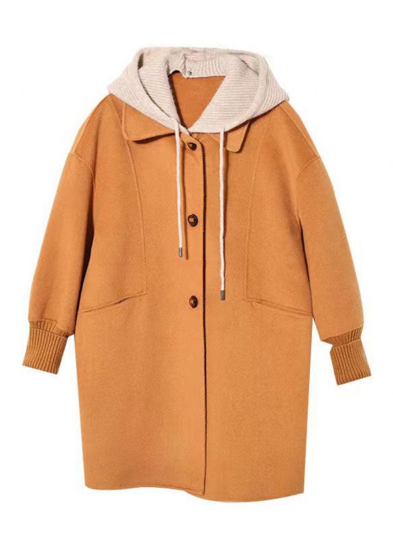 Stijlvolle Kaki Knoopzakken Patchwork Wollen Hoodies Uitloper Herfst - Dames wollen jassen