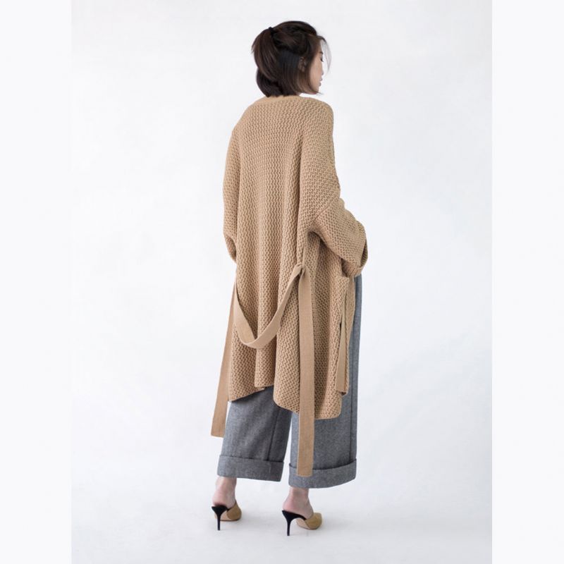 Vintage Kaki Jassen Trendy Grote Maten Uitlopende Mouwen Gestrikte Taille Winterjas Fijne Zakken Wollen - Kaki